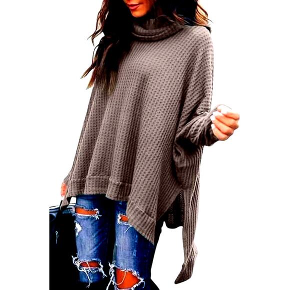 Women’s Medium Khaki Grey Oversized Waffle Knit Tunic Sweater - Picture 1 of 2